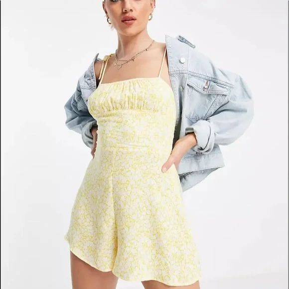 Bershka printed strappy romper in yellow